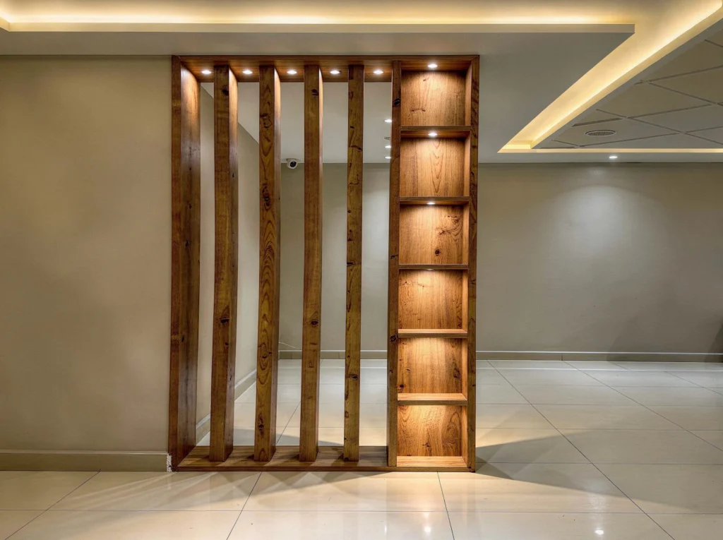 Modern Wooden Partition Design in Haldwani (Living Room Jaali Divider with Shelves)